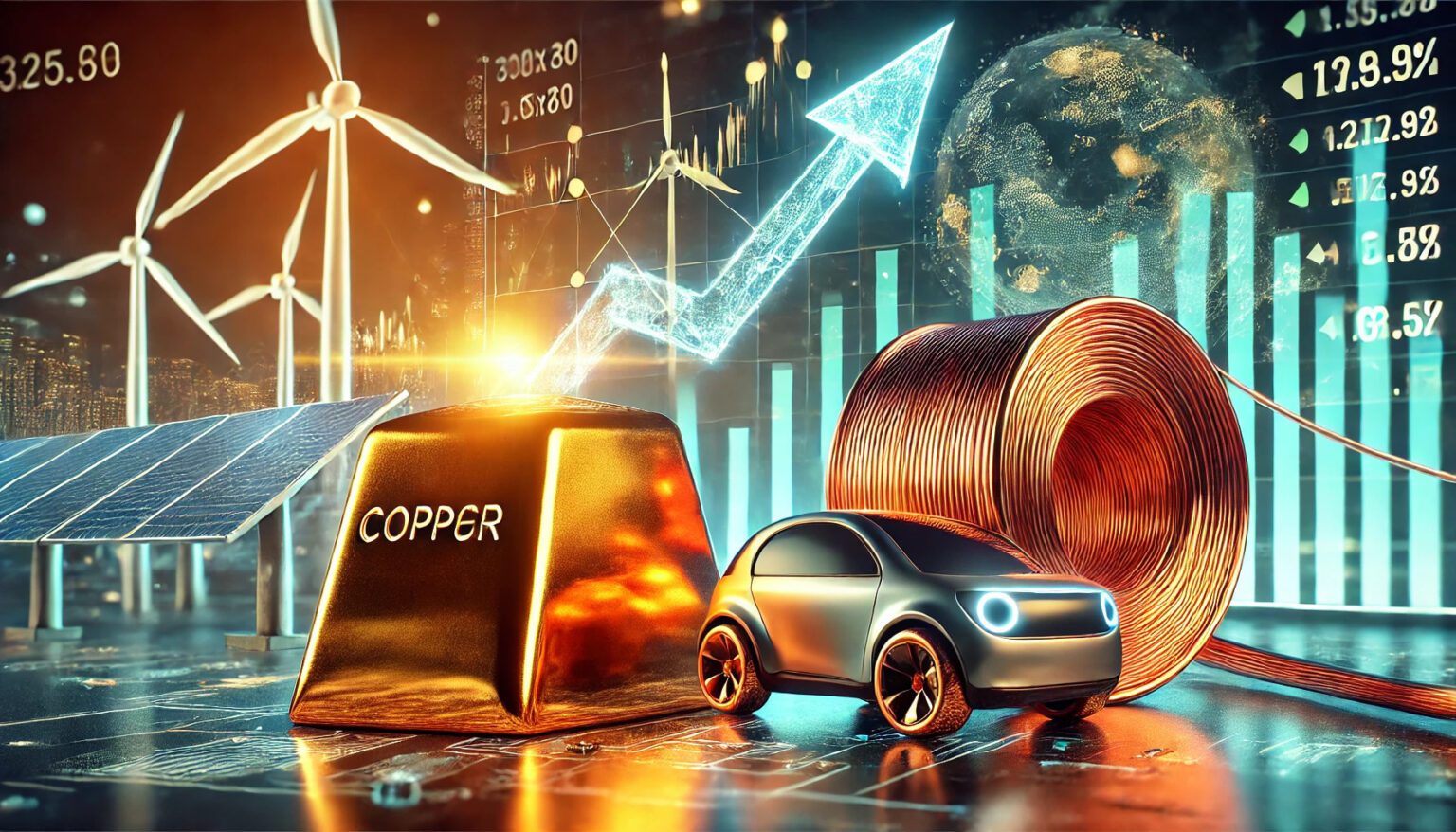 Dall·e 2025 03 18 10.41.01 A Visually Striking Thumbnail Image For A Financial Article, Formatted In 1920x1080 Dimensions. In The Foreground, A Shiny Copper Ingot And A Coil Of