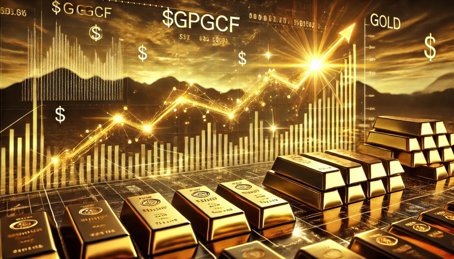 DALL·E 2025 09 18 11.39.48 A digital landscape image showing a gold stock going up. A golden stock market chart with a sharp upward trend line dominates the center, glowing in g